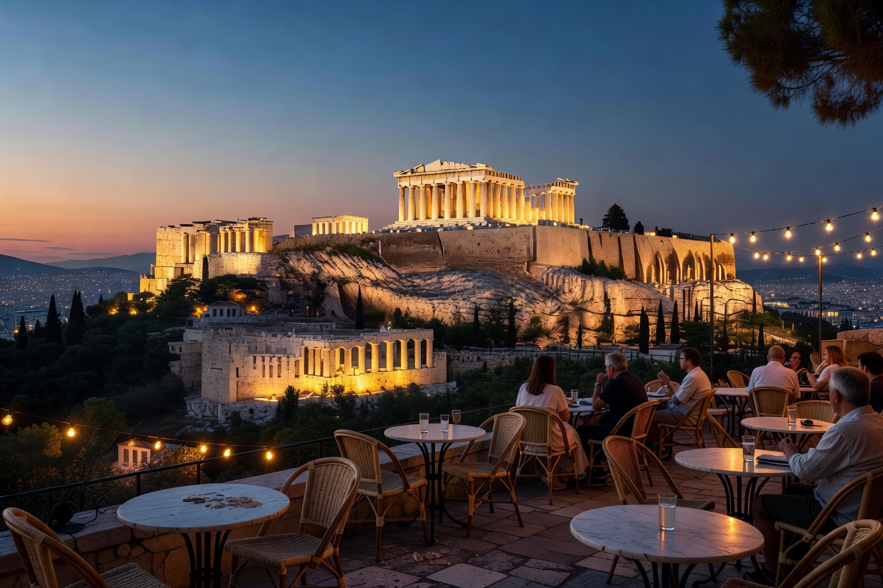 Rooftop coffee spot in Monastiraki Athens overlooking the ancient Parthenon