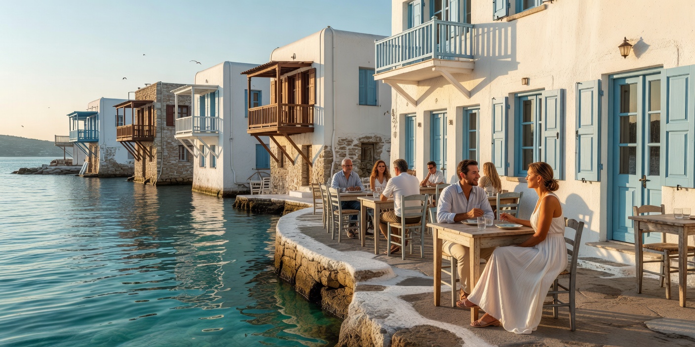 Caprice waterfront café terrace in Little Venice Mykonos with turquoise water