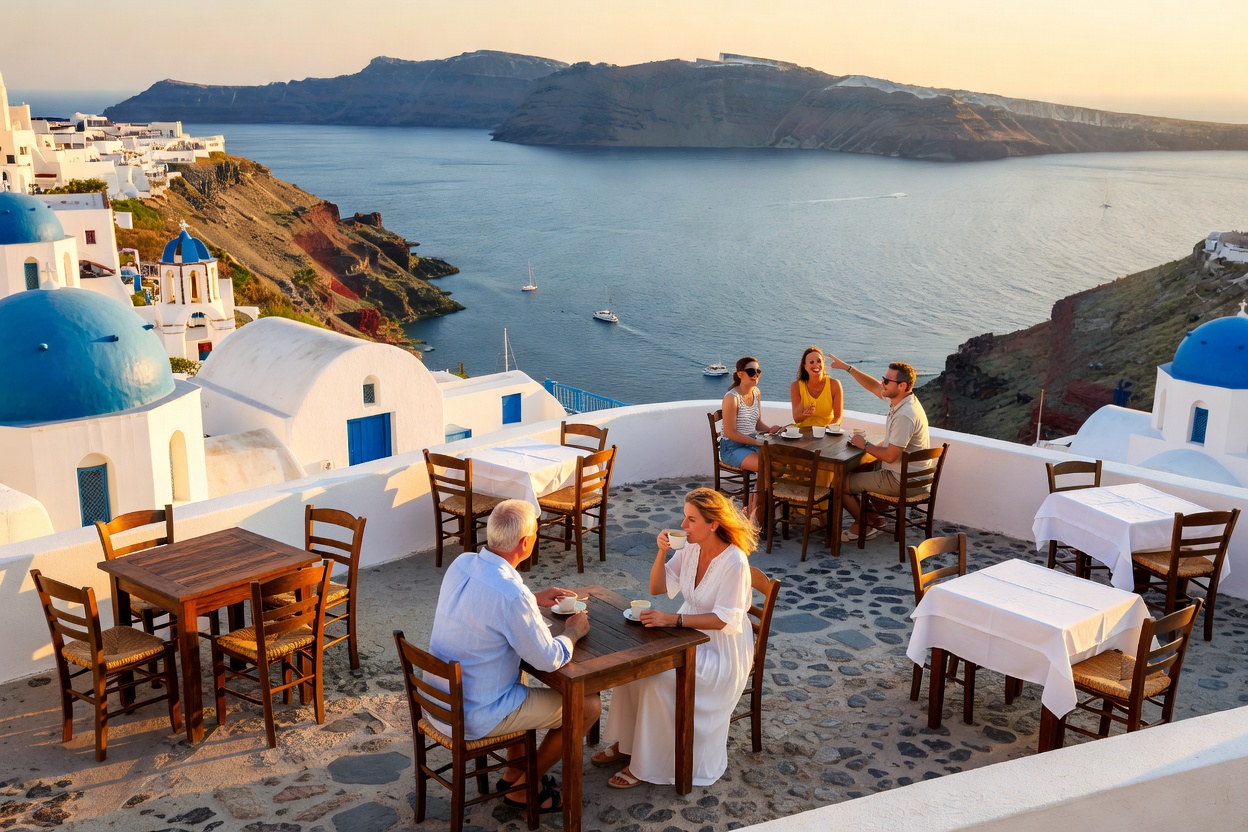 Cliffside café terrace in Santorini Greece with panoramic view of the volcanic caldera