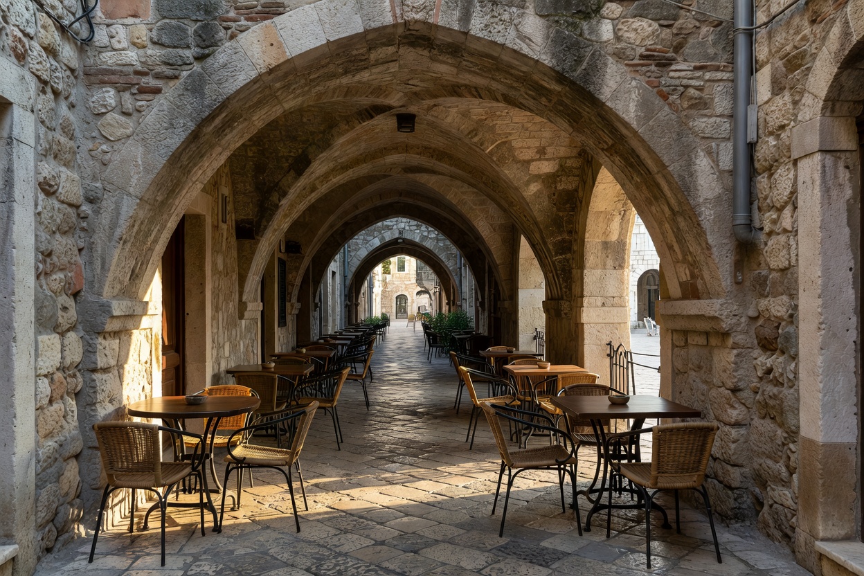 Ionian café overlooking the turquoise waters and Venetian arches in Corfu Greece
