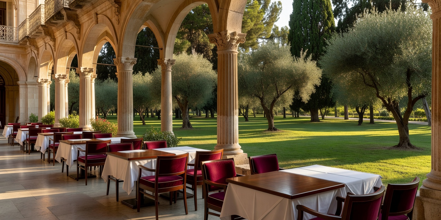 Liston arcade in Corfu Greece with elegant outdoor tables facing the green park
