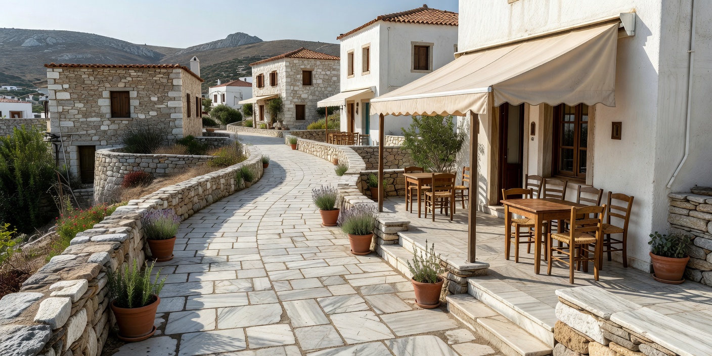 Marble stone village pathway and traditional café terrace in Apeiranthos Naxos