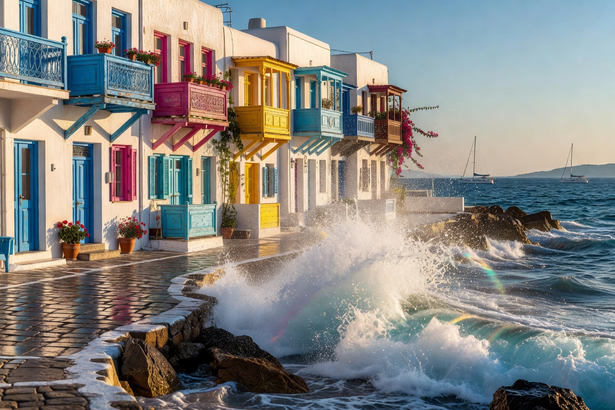 Seaside café tables touching the water in Little Venice Mykonos