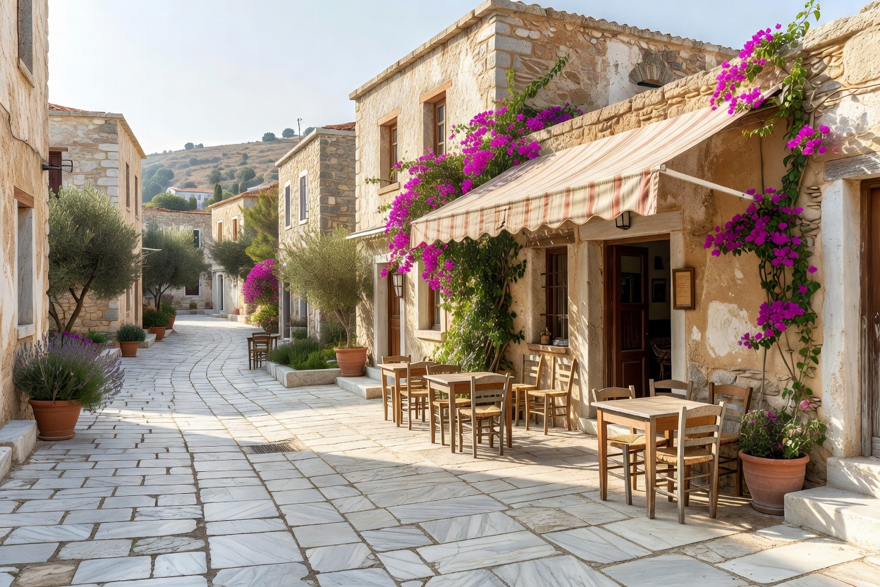 Traditional stone village coffee terrace in the mountains of Naxos island