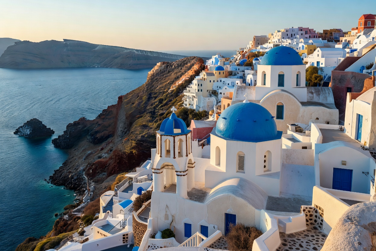Santorini cliffside village with blue domes and sea