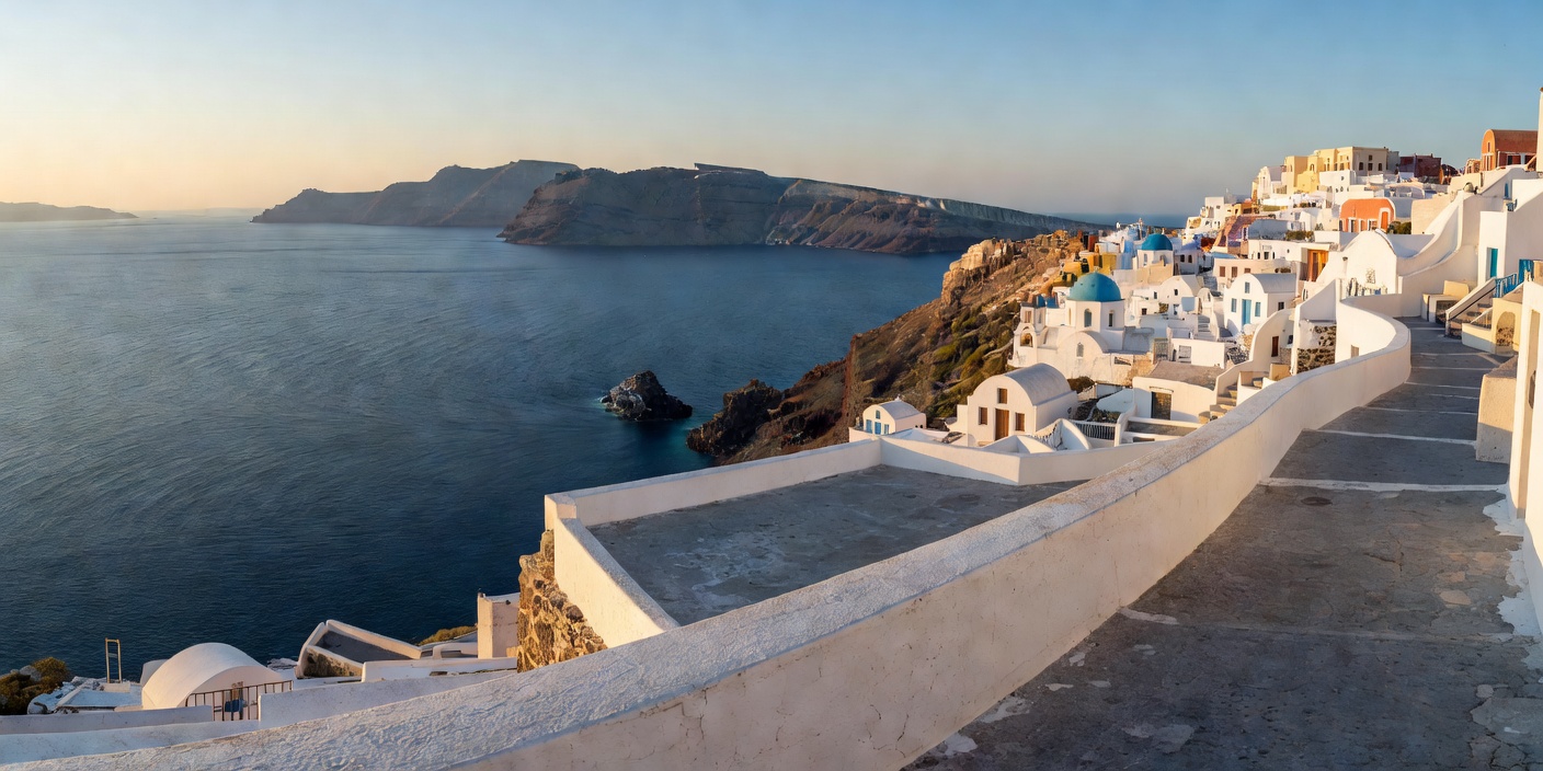 Whitewashed Santorini balcony café overlooking the Aegean Sea with blue dome church and vibrant bougainvillea