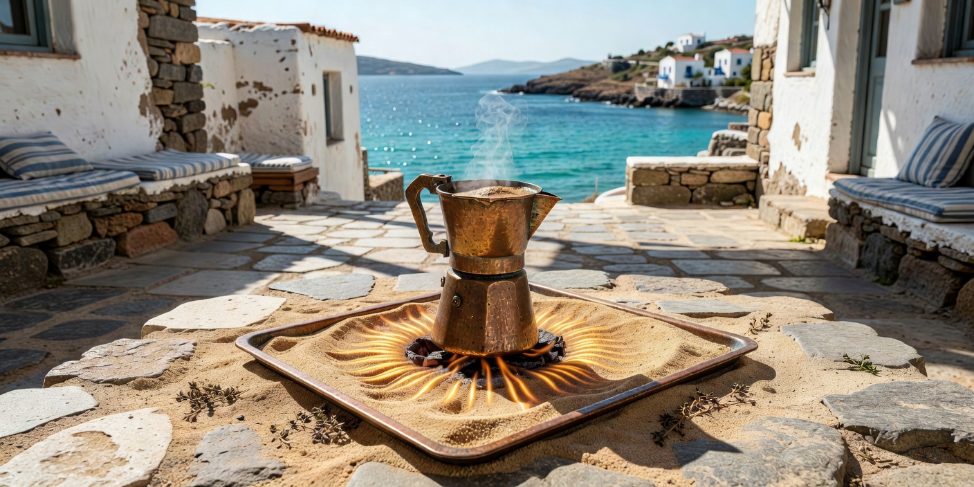 Traditional copper briki coffee maker sitting on hot brewing sand in a Greek island tavern