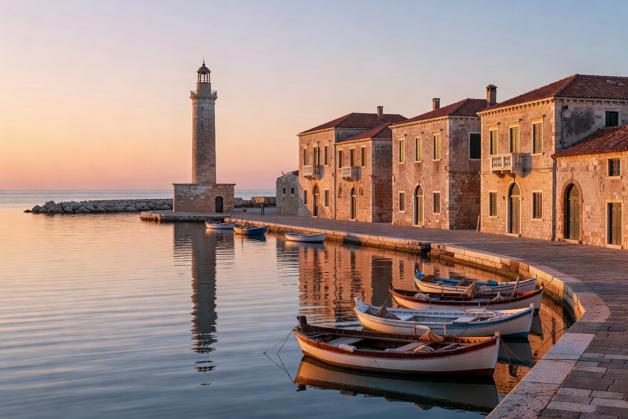 Venetian harbor café in Chania Crete with historic lighthouse in the background