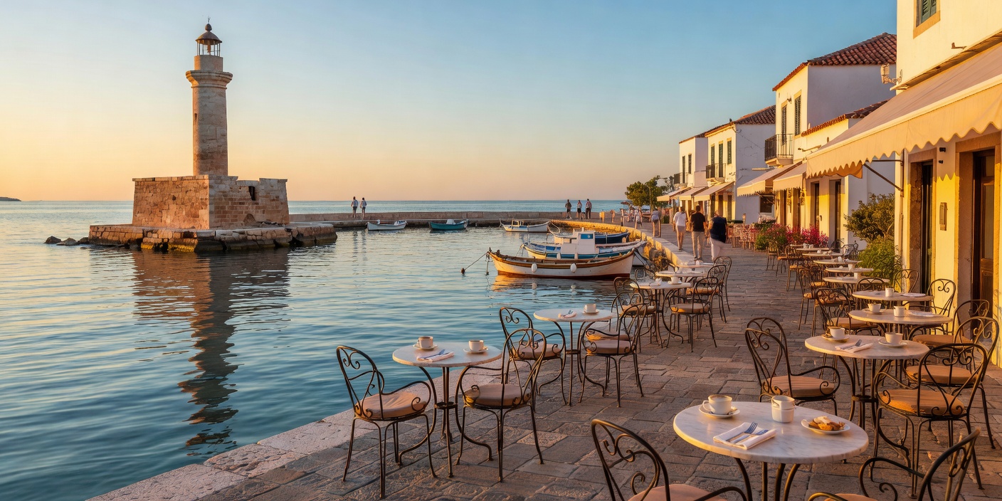 Venetian Harbor of Chania Crete with historic lighthouse and quayside café tables
