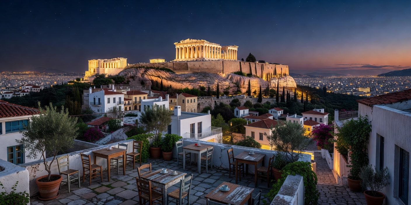 View of the illuminated Parthenon from Anaphiotika rooftop café in Athens